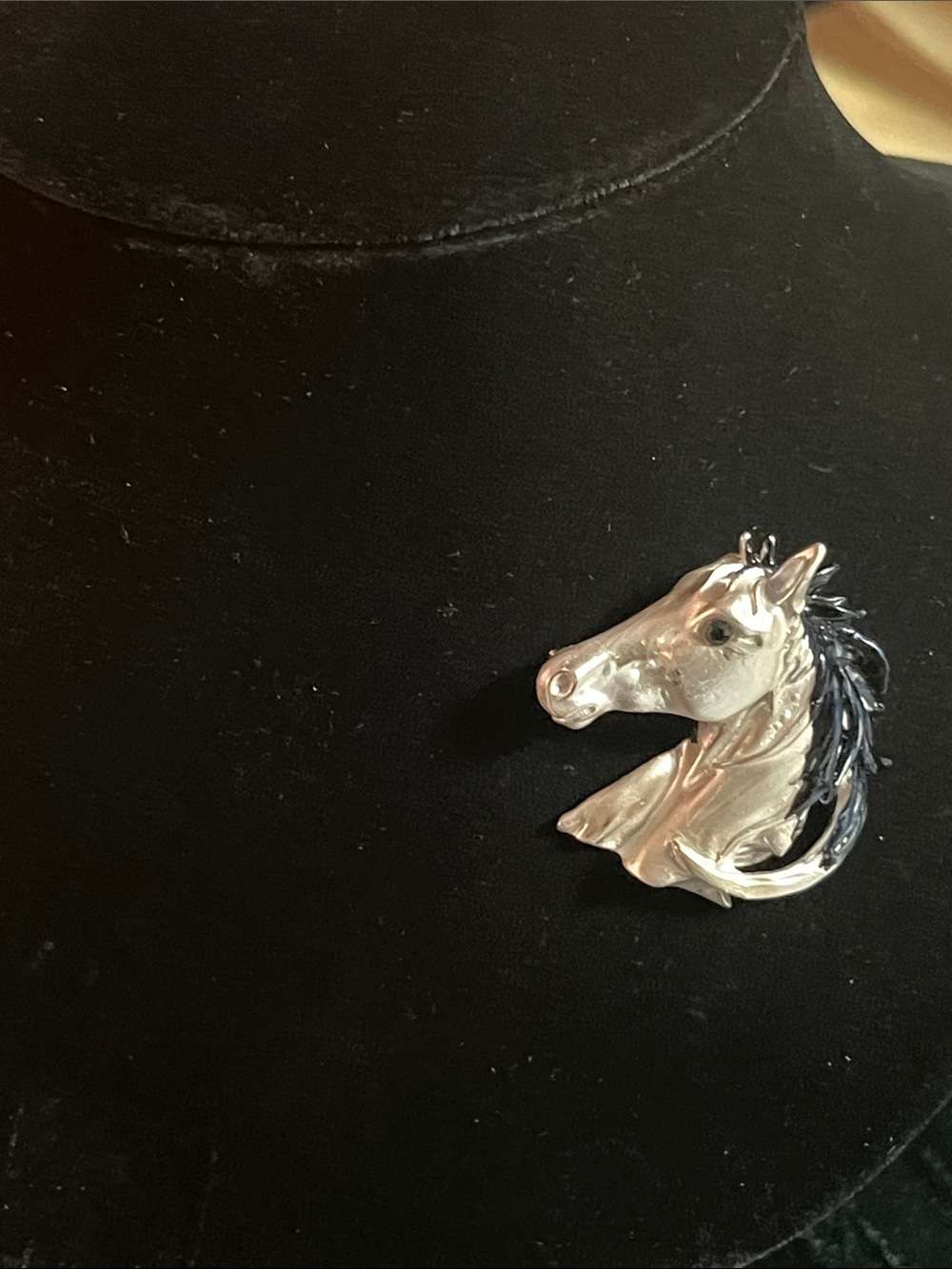 Silver Horse Head Brooch with Black Mane - Women Jewelry